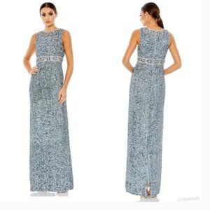 MAC DUGGAL 10839 SEQUINED SLEEVELESS EMBELLISHED NECKLINE SLATE BLUE GOWN sz 8